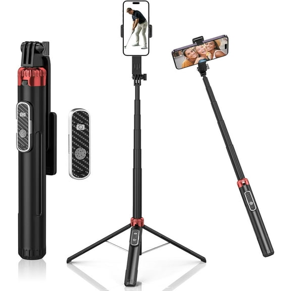 Phone Selfie Stick, 63" Extendable Selfie Stick Tripod with Detachable Wireless Remote, Portable, Height Adjustable, 360°Rotatable for Travel/Selfie/Recording/Vlogging, Compatible with All Phone