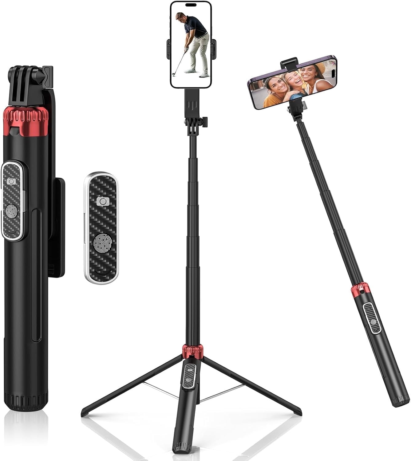 Phone Selfie Stick, 63" Extendable Selfie Stick Tripod with Detachable Wireless Remote, Portable, Height Adjustable, 360°Rotatable for Travel/Selfie/Recording/Vlogging, Compatible with All Phone