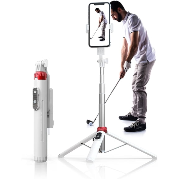 62" Phone Tripod & Selfie Stick for Golf Training | Cell Phone Tripod Stand with Wireless Remote and iPhone Holder, Golf Training Aid - Compatible with iPhone Android (White)