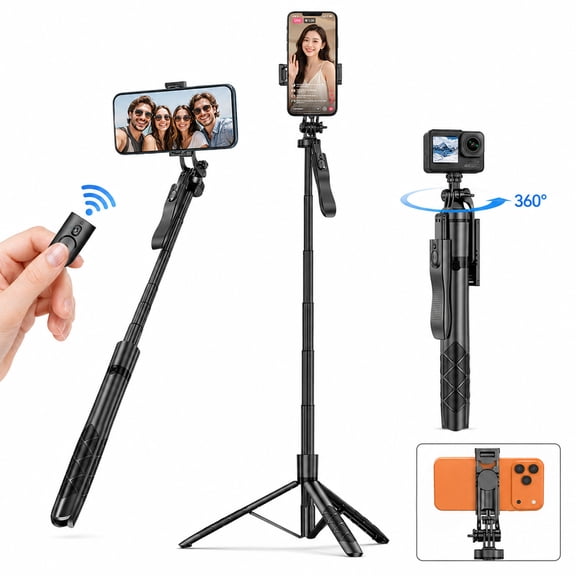 62" Phone Tripod & Selfie Stick with Wireless Remote, Video Tripod Stand for Live Streaming, Compatible with Cell Phones, Cameras