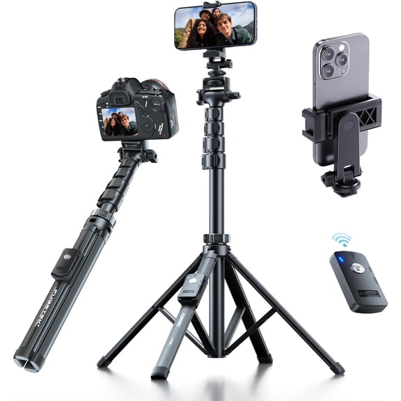 62" Professional Cell Phone Tripod, Ultra Stable 4 Leg Design, Bluetooth Remote, 100% All Aluminum Stick & Legs, Portable All in One, 360 Phone Mount with 2 Cold Shoe Slots, Non Skid Feet