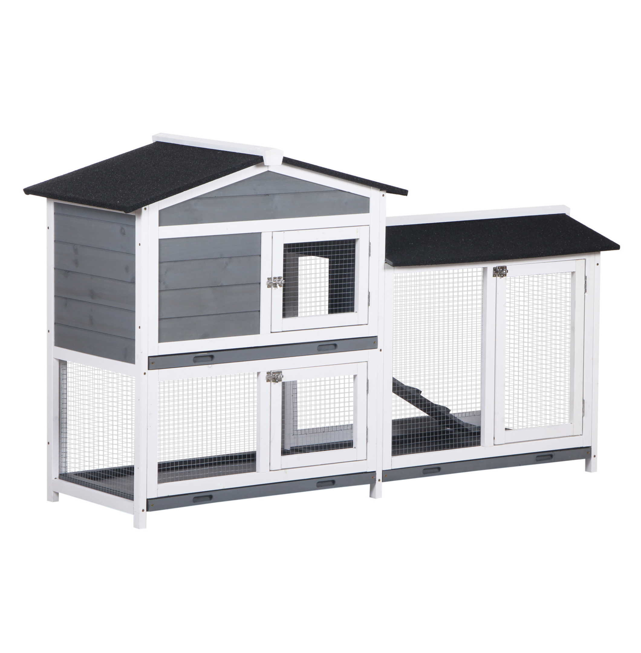 62" Rabbit Hutch, Wooden Bunny Hutch, Guinea Pig Cage, Small Animal Enclosure with Run Area, Removable Tray, Asphalt Roof, Lockable Doors and Ramp, Gray
