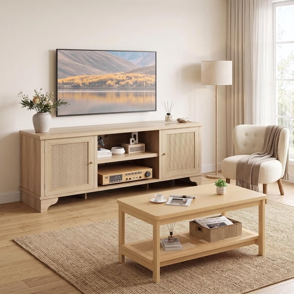62" Rattan TV Stand and Coffee Table Set, Modern 2-Piece Living Room Furniture Set, TV Console for Up to 65" TV with Storage, 2-Tier Coffee Table,Natural