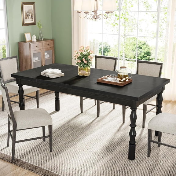 62" Rectangle Dining Table for 4-6, Farmhouse Kitchen Table with Carved Turned Legs, Rich Wood Finish, Adjustable Leveling Feet, Easy Assembly Black