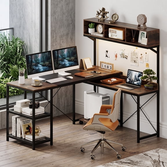 62" Reversible L-Shaped Desk with Power Outlets & Hutch, Large Computer Desk with Mobile UPC Stand for Home Office Gaming, Brown