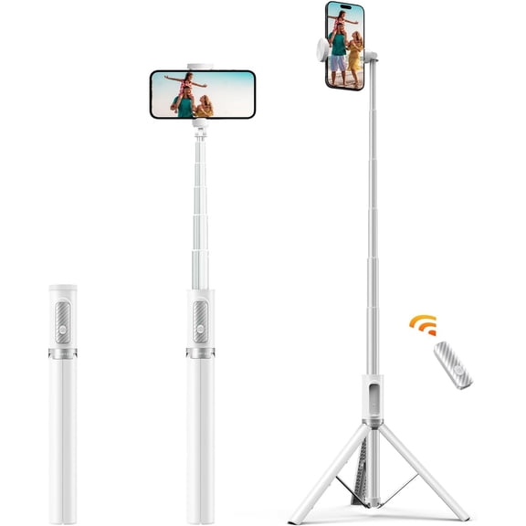 62" Selfie Stick Tripod, Extendable Aluminum Tripod with Rechargeable Bluetooth Remote, Compatible with iPhone and Android Smartphones, Perfect for Travel, Vlog, Video and Photo, White