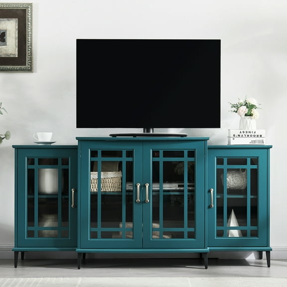62" Sideboard Cabinet In Teal Blue, Comprised Of And Tempered Glass For Stability Blue Buffet Table Cabinet, Construction, 8 Metal Legs, Doors, Adjustable Shelves, Organize Your Life