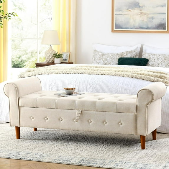 62" Storage Ottoman Bench, Linen Upholstered Large Ottoman Bench with Rolled Armrests, Button Tufted Entryway Bench with Pull Ring, End Bed Bench with Wood Legs, Bed Bench for Bedroom (Beige)