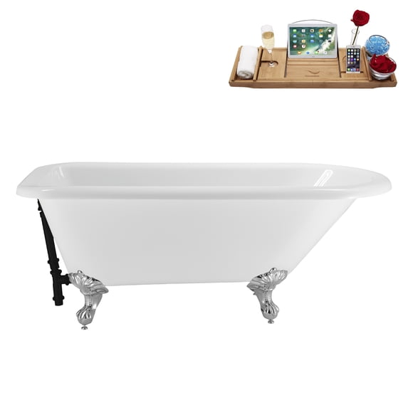 62" Streamline N4840CH-BL Soaking Clawfoot Tub and Tray With External Drain in Matte Black and Polished Chrome Clawfeet