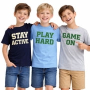 HILEELANG 4-13 Little/Big Boys Gray/Navy/Light Blue Varsity Slogan 100% Cotton 3-Pack Short Sleeve T-Shirt, Size 6-7
