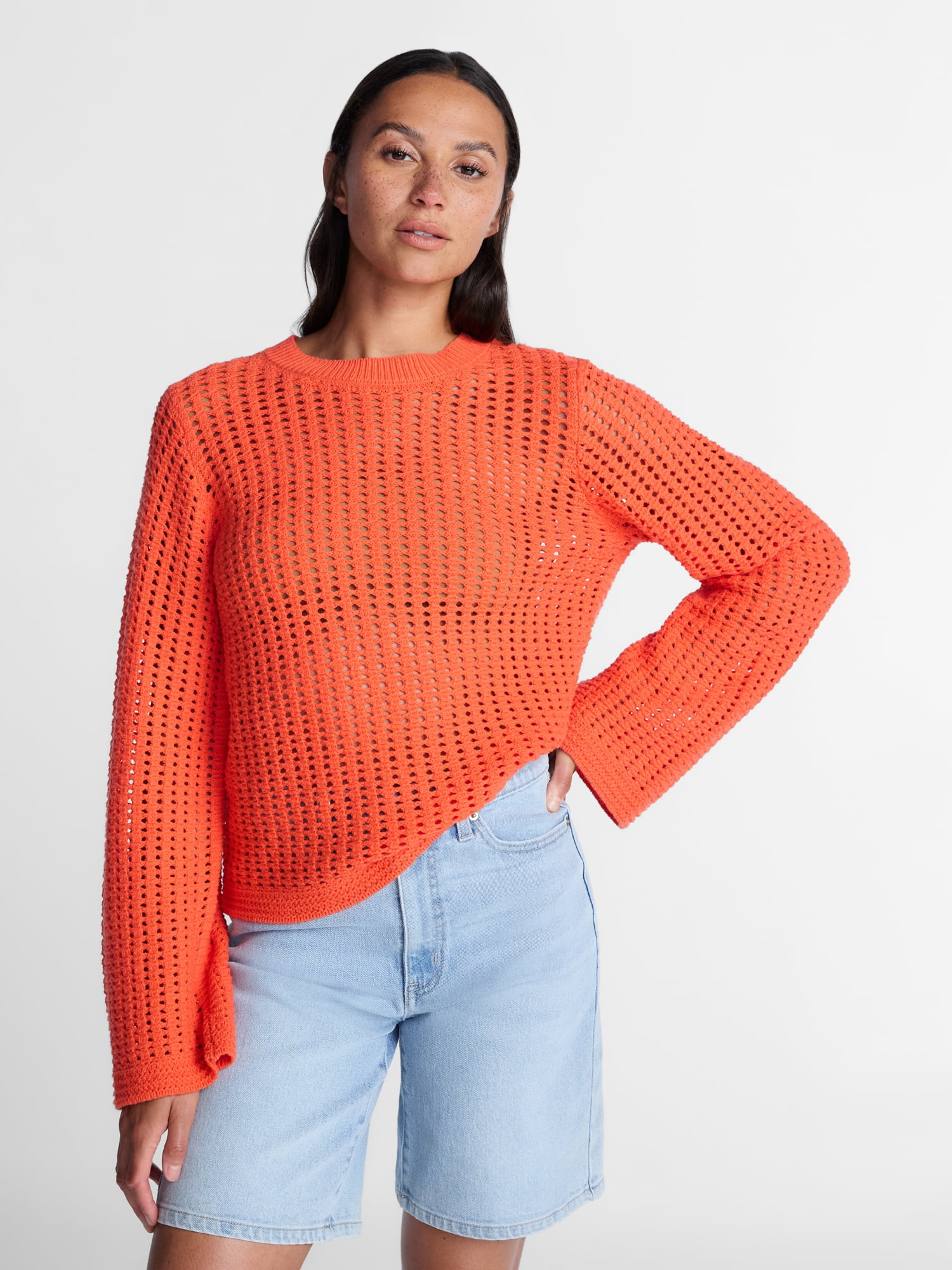 Time and Tru Women's Textured Cotton Sweater with Long Sleeves