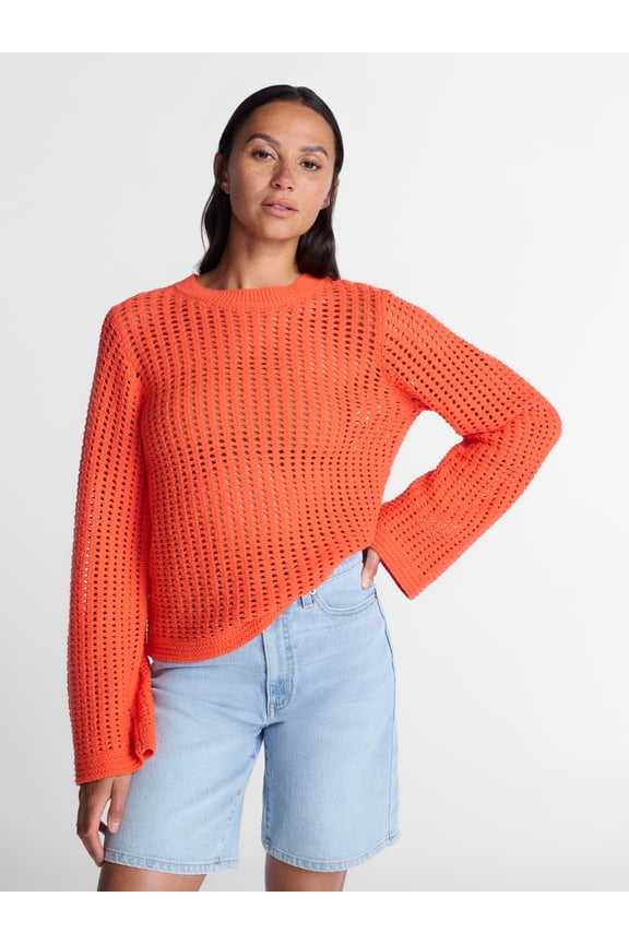 Women’s Textured Cotton Sweater with Long Sleeves, Lightweight, Sizes XS-XXXL