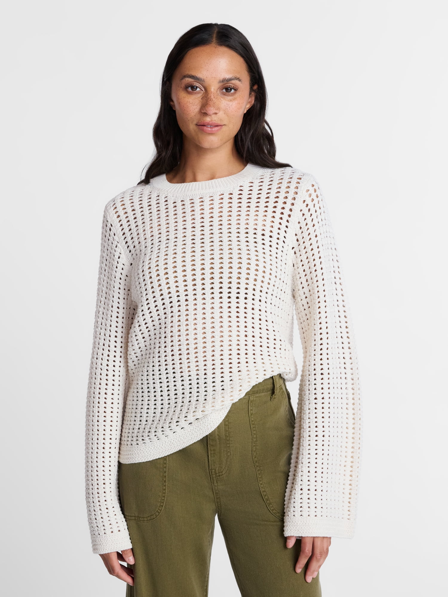 Time and Tru Women’s Textured Cotton Sweater with Long Sleeves, Lightweight, Sizes XS-XXXL
