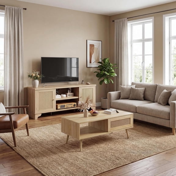 62" TV Stand with Farmhouse Coffee Table Set, 2-Piece Rattan Media Console with Sliding Doors and Storage for TVs Up to 65"