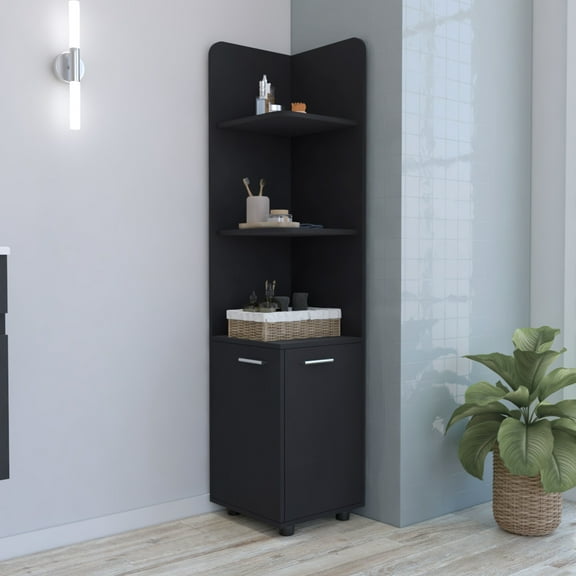 62" Tall Bathroom Corner Linen Shelving - Black, Particle Board, Modern Storage Cabinet For Place Functional Design