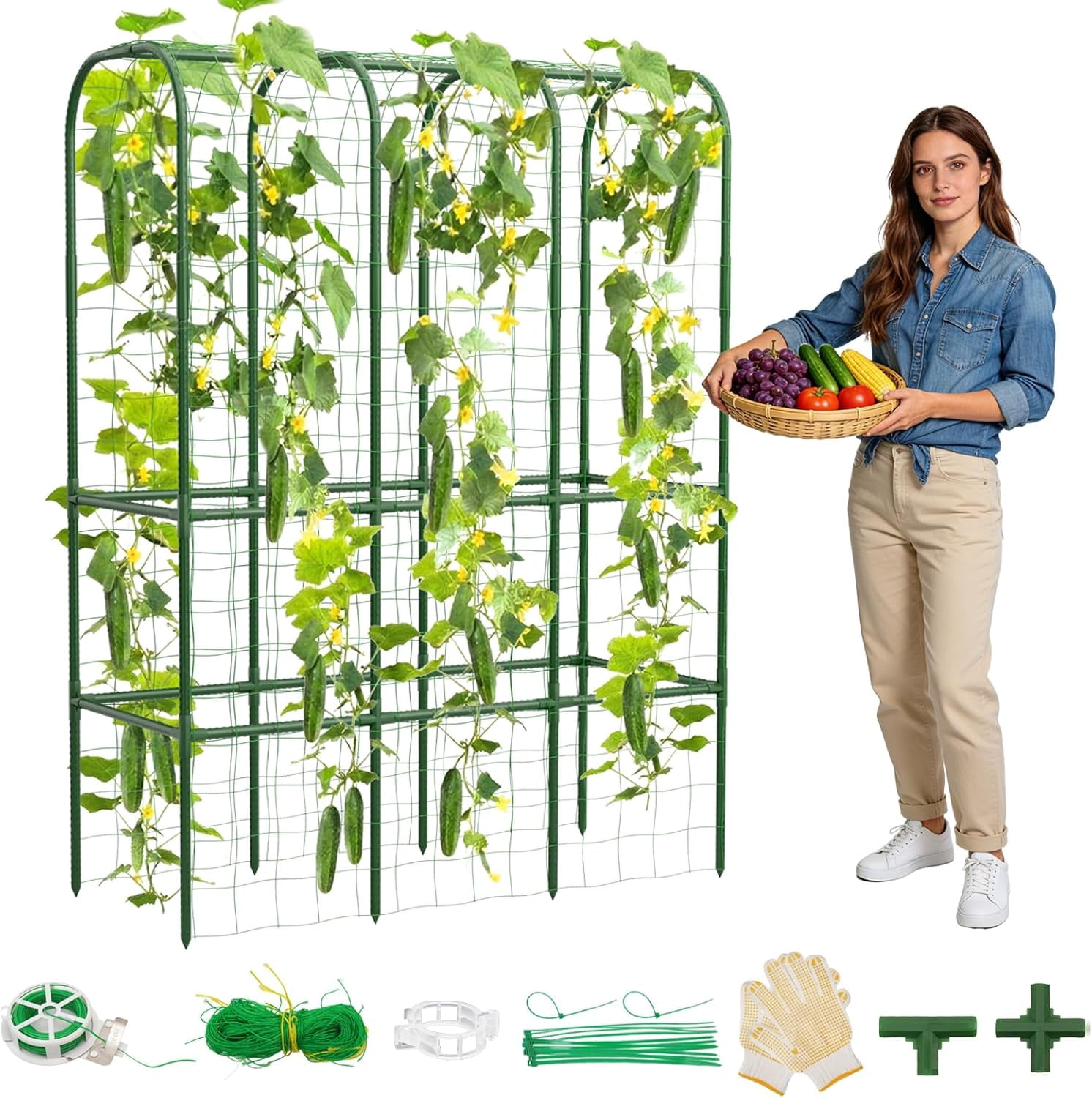 62" Tall Cucumber Trellis for Raised Bed, Garden Trellis for Climbing Plants Outdoor, U-Shape Metal Arch Vegetables Trellis Plant Support for Zucchini Squash Vines