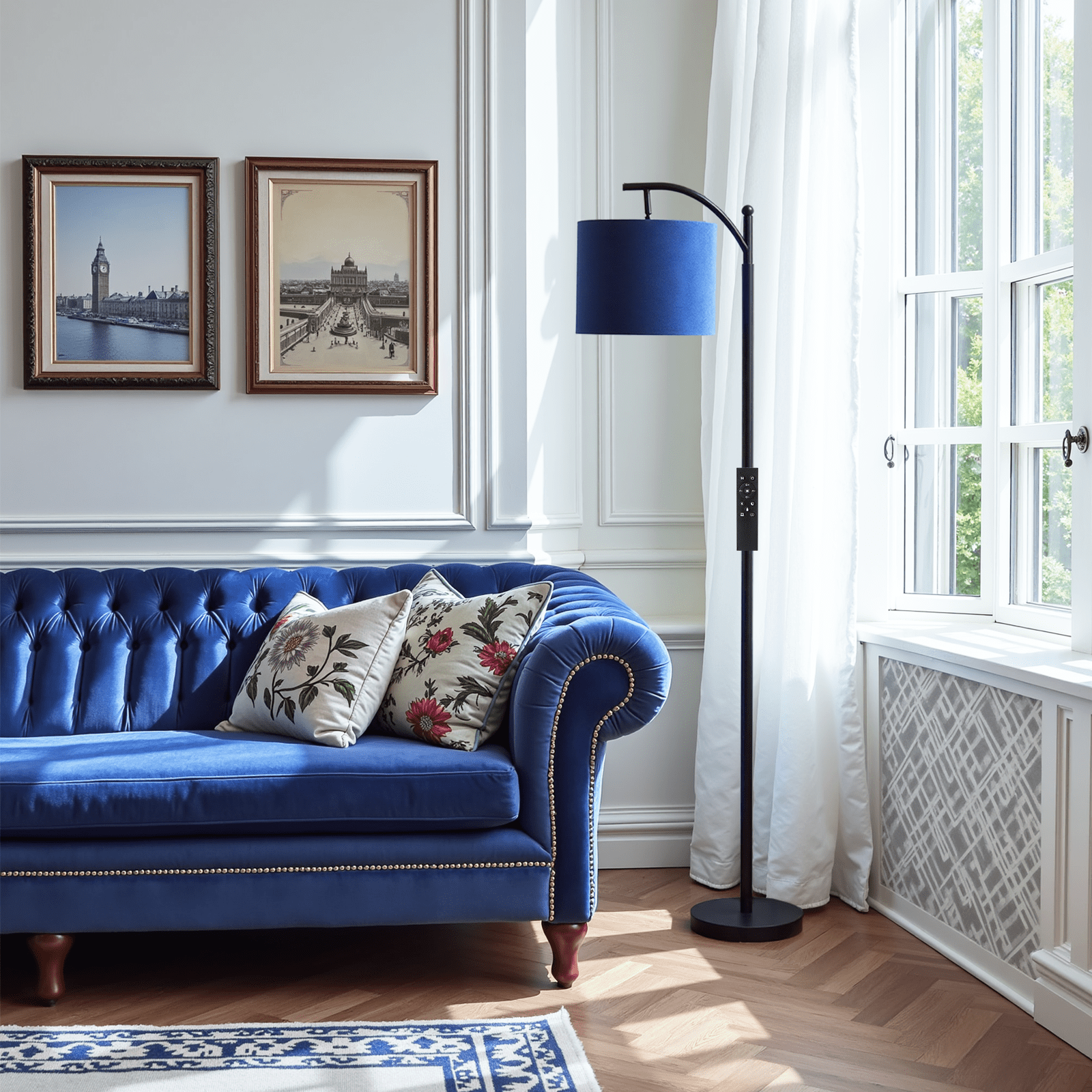 62" Tall Floor Lamp With Navy Blue Velvet Shade- Remote Control Arc Standing Lamp, Dimmable Brightness, 5 Color Temperatures (3000K-6500K), Mid-Century Modern, Revival Overhead Lighting