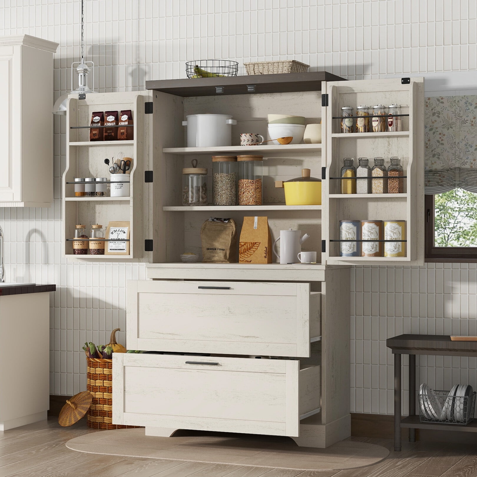 62" Tall Kitchen Pantry Cabinet, Freestanding Cupboard Storage Cabinet with 2 Drawers and 6 ...