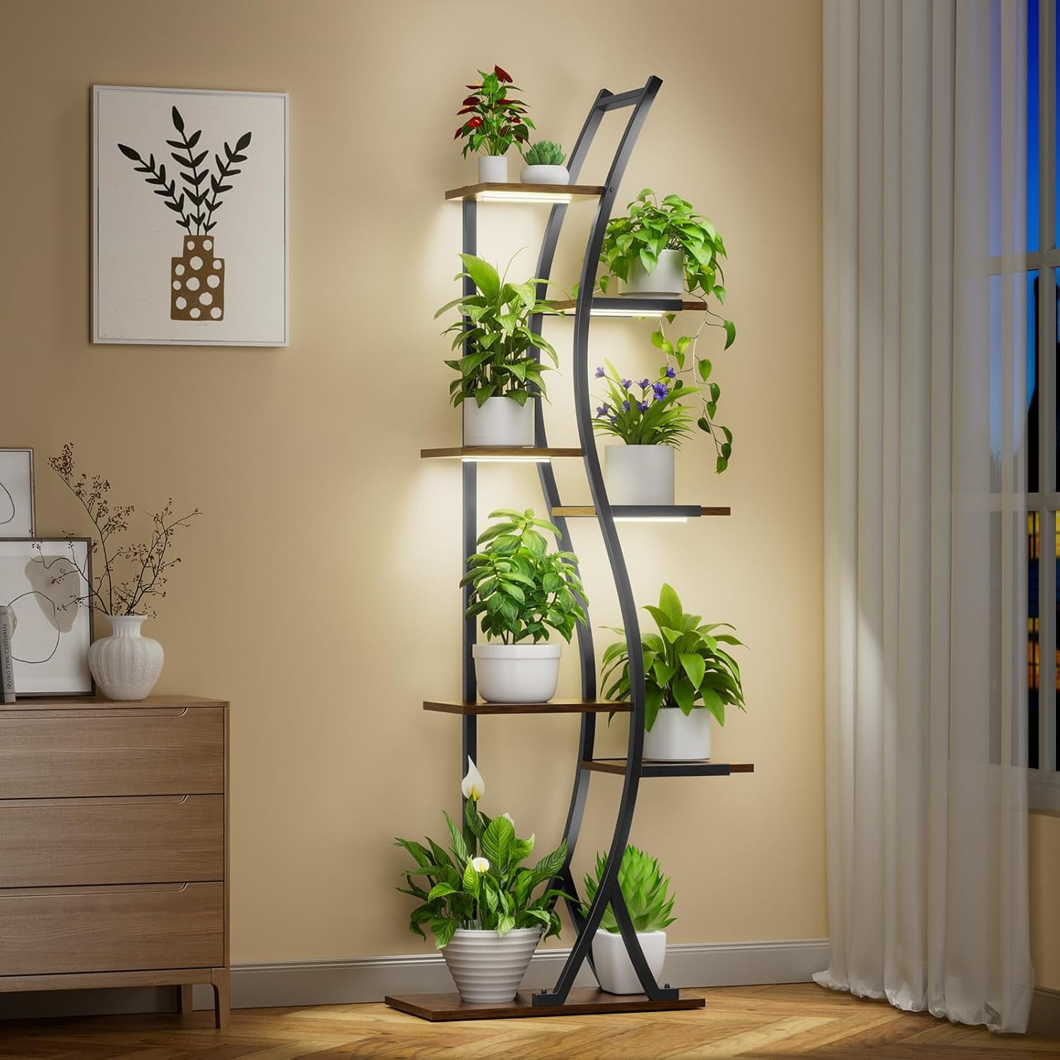 62" Tall Plant Stand with Grow Light Indoor, 7 Tiered Metal Plant Shelf