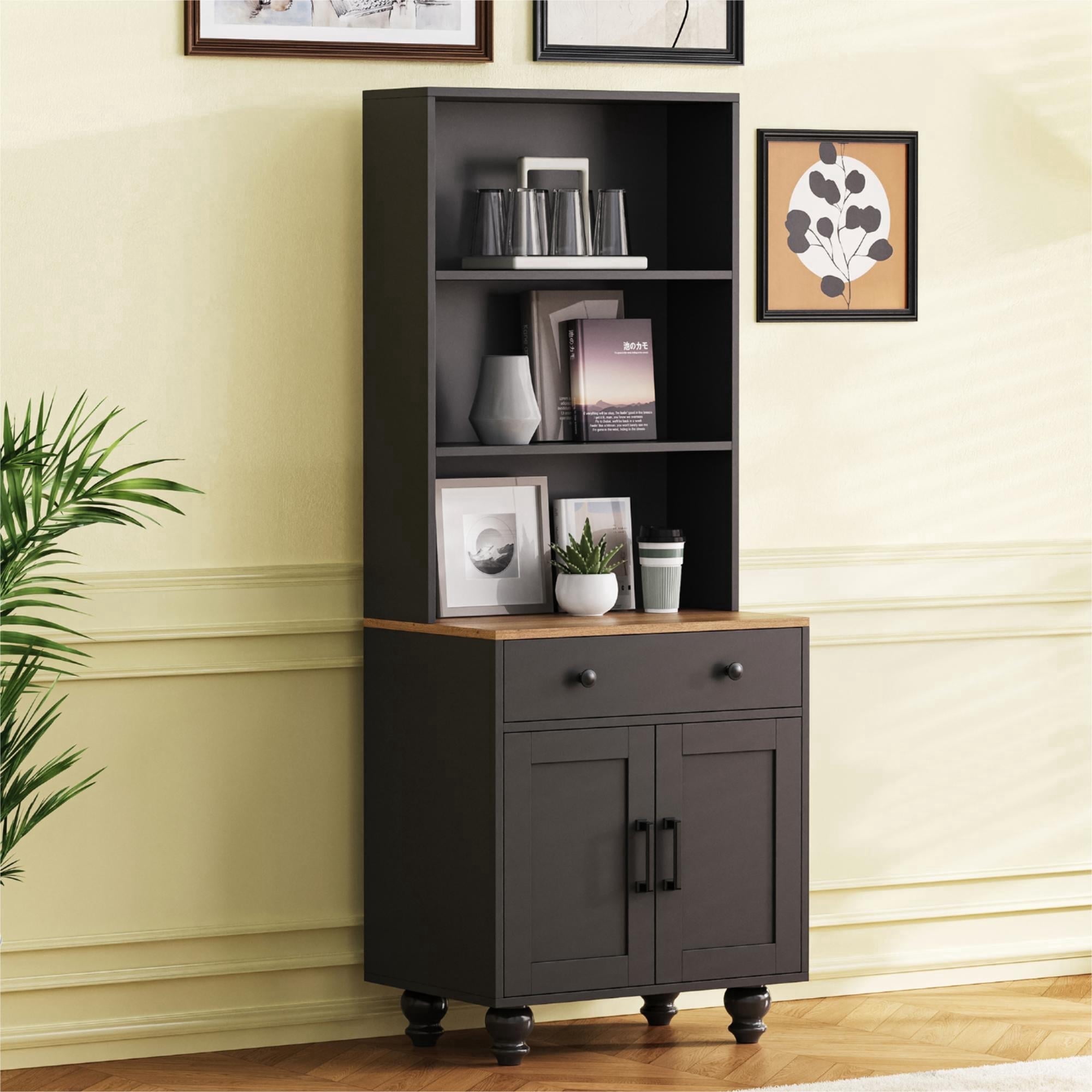 62" Tall Storage Cabinet, 5-Tier Pantry Cabinet with Drawer and Adjustable Shelves, Wood Modern Storage Bookcase, Kitchen Hutch, for Living Room