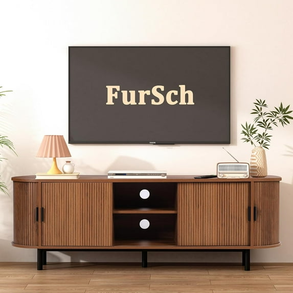 62" Tambour Door TV Stand,Wood Mid Century Modern TV Cabinet for Up to 70“ TV,Curved Edge Long TV Stand with Storage for Bedroom Living Room(Walnut, 62.2inch)