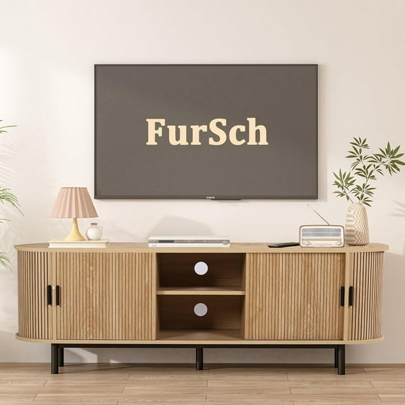 62" Tambour Door TV Stand,Wood Mid Century Modern TV Cabinet for Up to 75“ TV,Curved Edge Long TV Stand with Storage for Bedroom Living Room (Natural, 62.2inch)