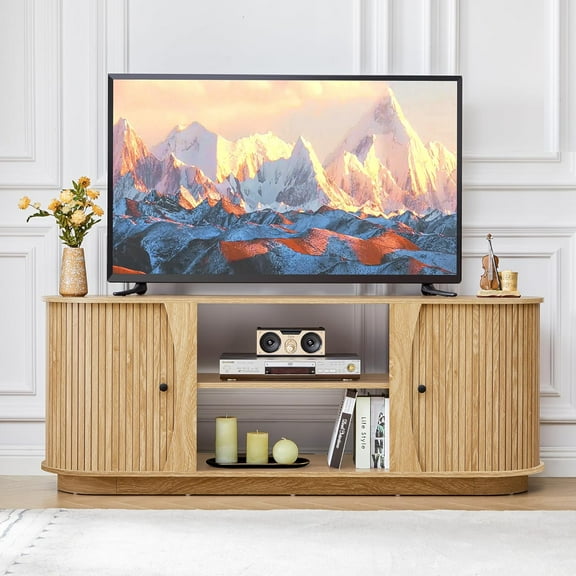 62" Tambour Door TV Stand, Wood Mid Century Modern TV Cabinet for TV Up to 75", Curved Edge Entertainment Center TV Console with Storage for Living Room (Natural-no Fireplace)