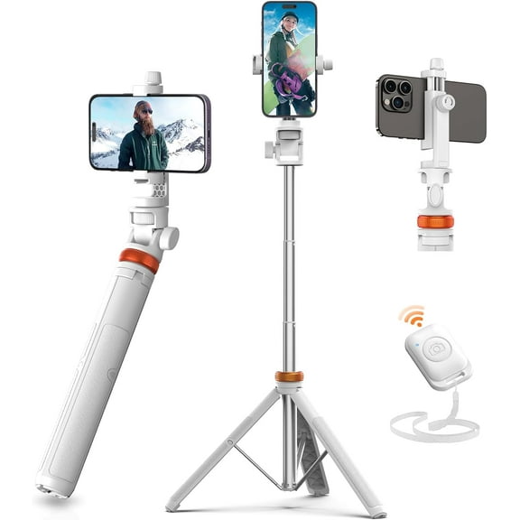 62" Tripod for iPhone, Sturdy Selfie Stick with Remote & Lightweight Phone Stand, Solidest Portable Cell Tripod, Compatible iPhone Pro Max/Android [White]