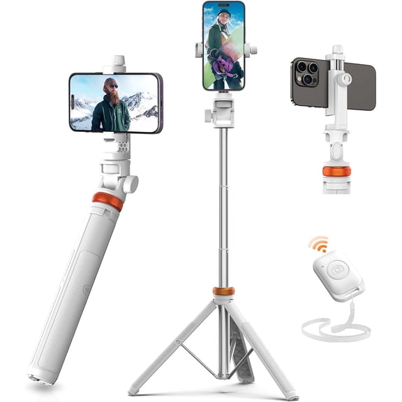 62" Tripod for iPhone, Sturdy Selfie Stick Tripod with Remote & Lightweight Phone Stand, Solidest Portable Cell Phone Tripod, Compatible iPhone Pro Max/Android [White]