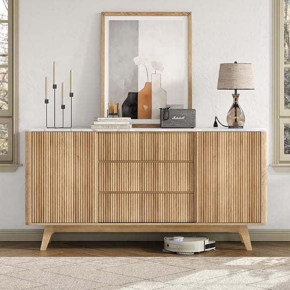 62" W Fluted Buffet Cabinet with Sliding Doors, Modern Sideboard Storage Cabinet with Power Outlet & 3 Drawers, Mid-Century Coffee Bar Table for Living Room, Dinning Room, Natural