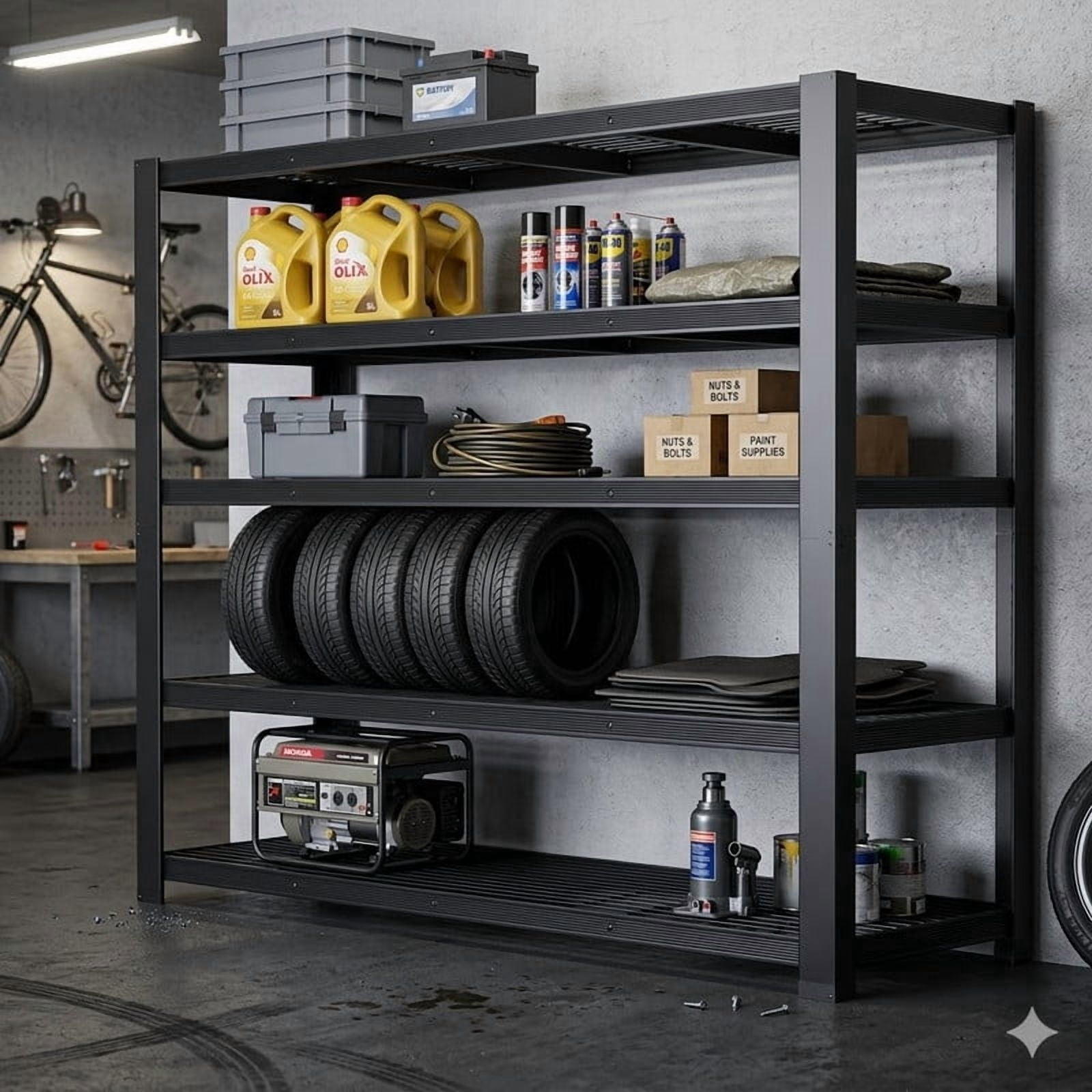 62"W Heavy Duty Metal Garage Shelving, 5-Tier Adjustable Rack, Adjustable Shelving Unit