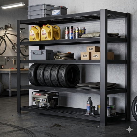62"W Heavy Duty Metal Garage Shelving, 5-Tier Adjustable Rack, Adjustable Shelving Unit