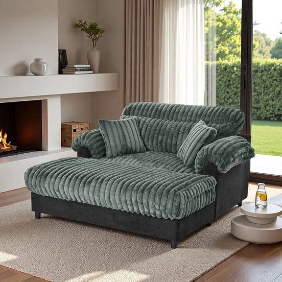 62"W Oversized Faux Fur Upholstered Chaise Lounge Sofa Couch with 2 Throw Pillows