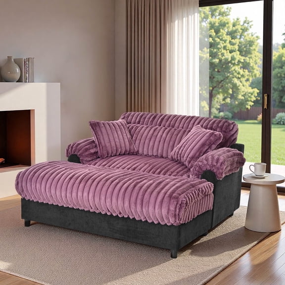 62"W Oversized Faux Fur Upholstered Chaise Lounge Sofa Couch with 2 Throw Pillows