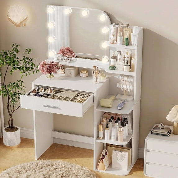 NEORIVER 32" Makeup Vanity Desk with Mirror and Lights, 3 Lighting Colors, 5 Storage Shelves & Large Drawer, White Vanity Set for Bedroom, Girls and Women