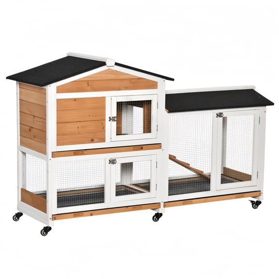 62" Wooden Mobile Rabbit Hutch with Wheels – Portable Bunny Cage with Run Box, Slide-Out Tray & Ramp, Yellow