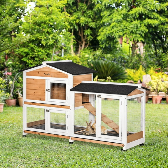 62" Wooden Mobile Rabbit Hutch with Wheels, Run Box, Slide-out Tray, Ramp, Yellow