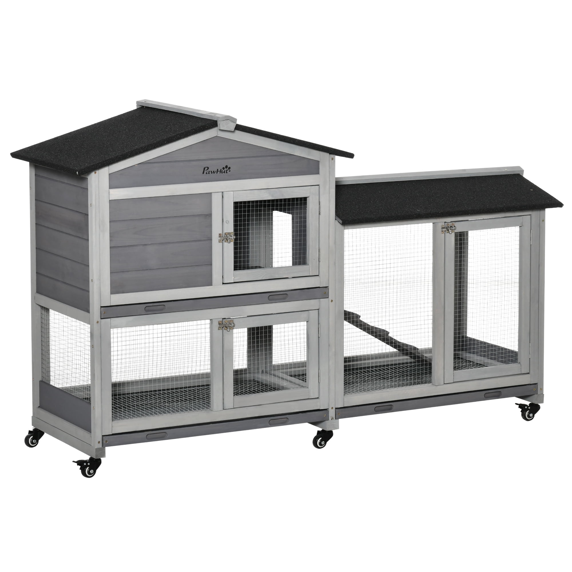 62" Wooden Rabbit Hutch, Bunny Cage, Pet Playpen House with Wheels, Run Box, No Leak Tray, and Ramp for Small Animals, Indoor/Outdoor Use, Light Gray