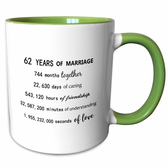 3drose, 62 Years of Marriage 62nd Wedding Anniversary in Months Days Hours, 15oz Two-tone Green Mug