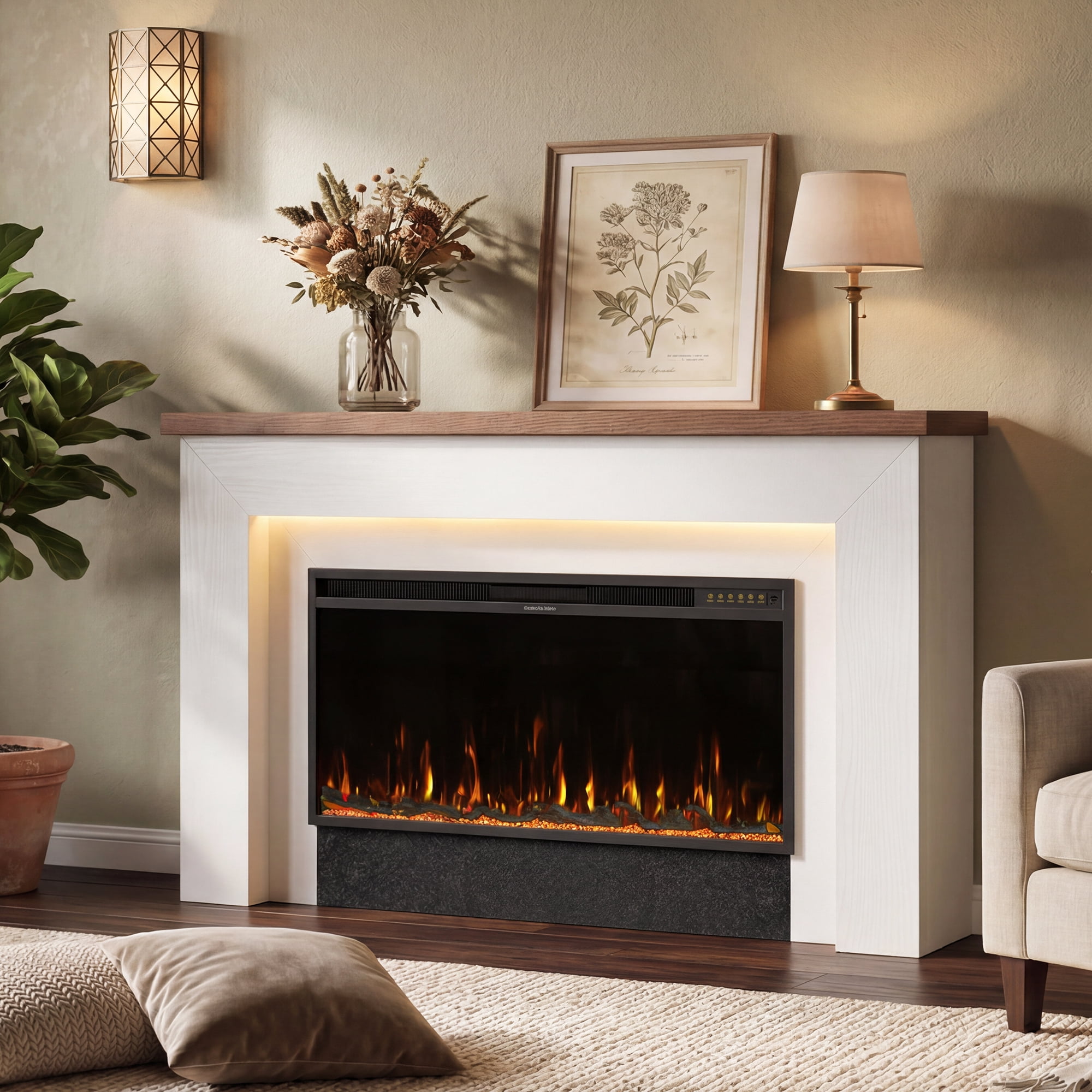 62-inch white electric fireplace mantel with 42-inch insert and LED color lighting