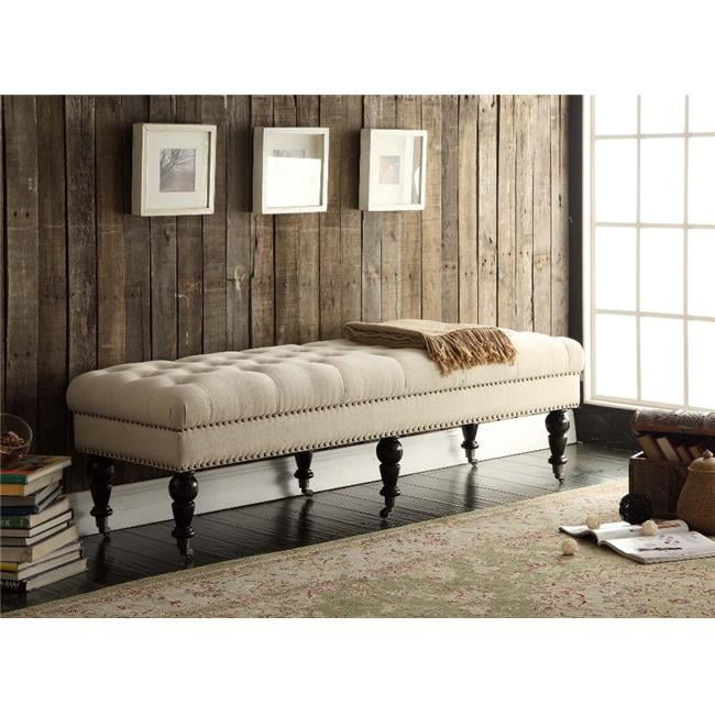 Isabelle 62'' Natural Linen Upholstered Bench with Bronze Nailheads