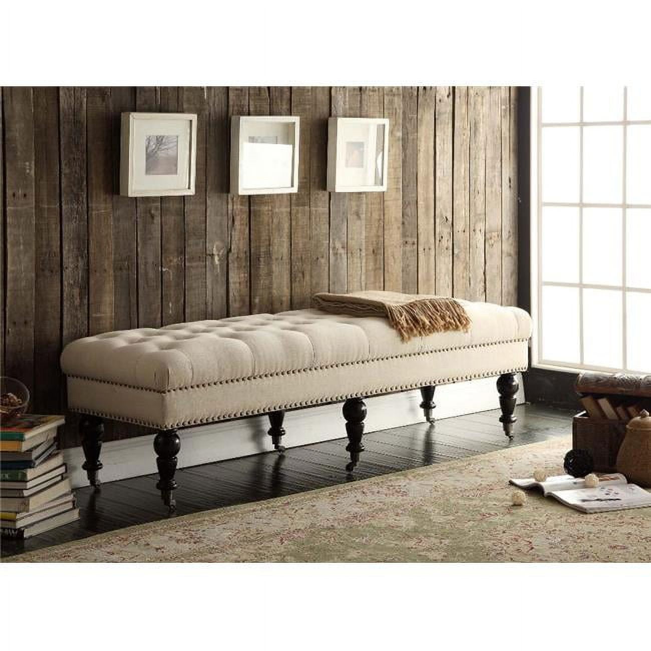 Isabelle 62'' Natural Linen Upholstered Bench with Bronze Nailheads