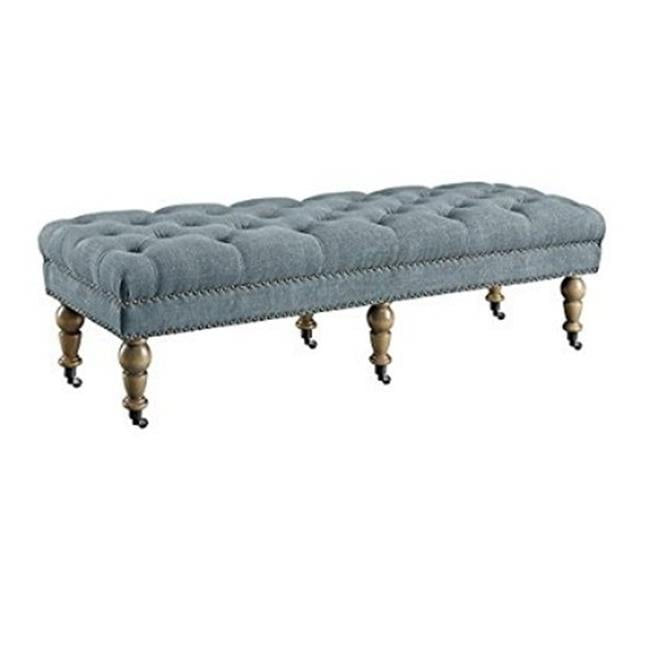 62" Washed Blue Linen Upholstered Traditional Bench