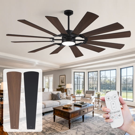 62 inch Farmhouse Ceiling Fan with Light, Indoor Outdoor High CFM Modern Black&Walnut Damp Rated 12 Blades Windmill Fan for Indoor Exterior Garage Porch Bedroom