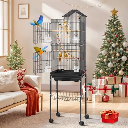 62-inch Metal Bird Cage: Bird Cage Spacious for Cockatiels, Parrots, Pigeons, Lovebirds, Features Roof Access and Rolling Stand Black