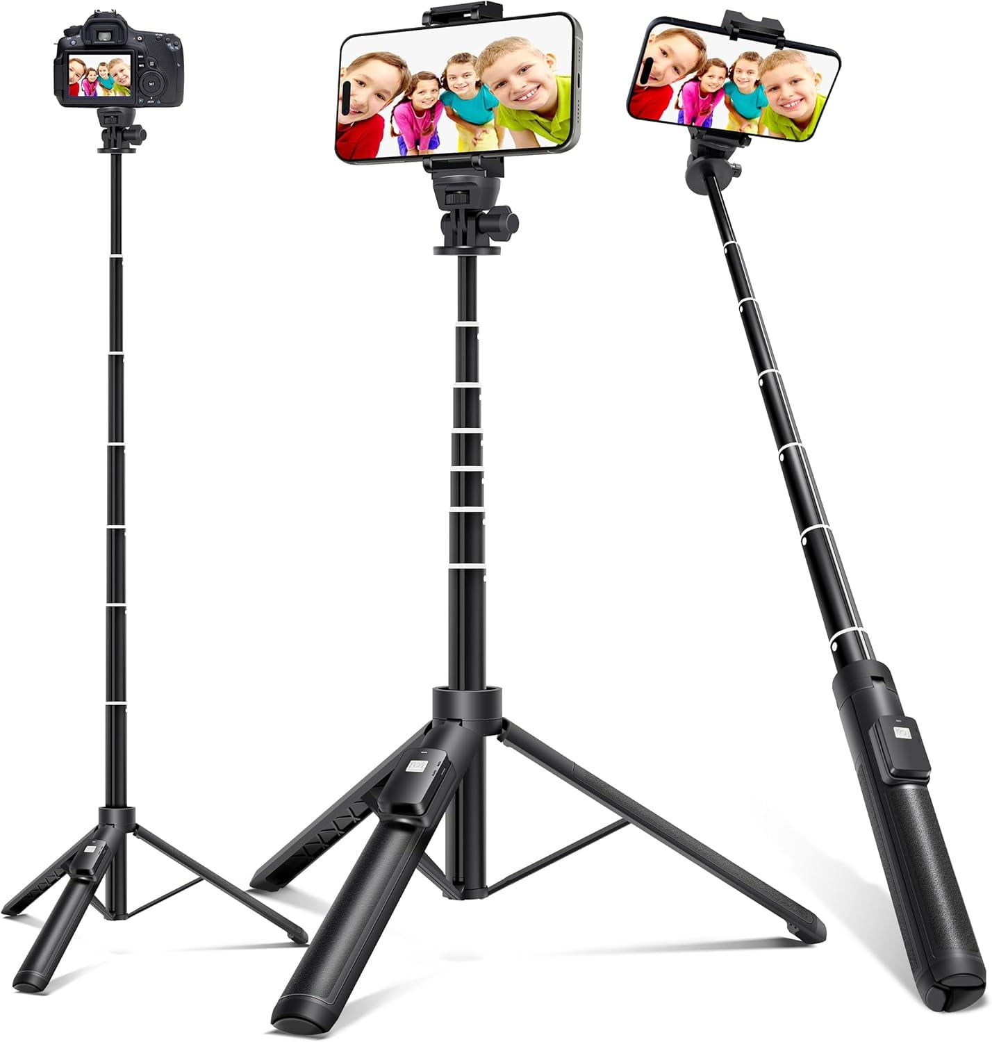 62 inches Extendable Selfie Stick Tripod with Wireless Remote & Phone Holder, Portable Aluminum Alloy 3 in 1 Stand for Group Photos, Vlogging & Travel Compatible with All Smartphones