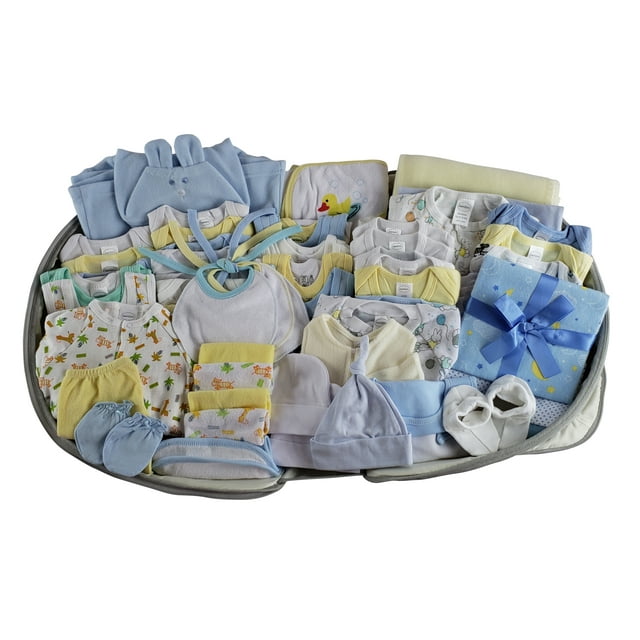 62 pc Baby Boys Clothing Starter Set with All-in-one Portable Bassinet Foldable Baby Bed, Travel Crib Infant and Diaper Bag Changing Station