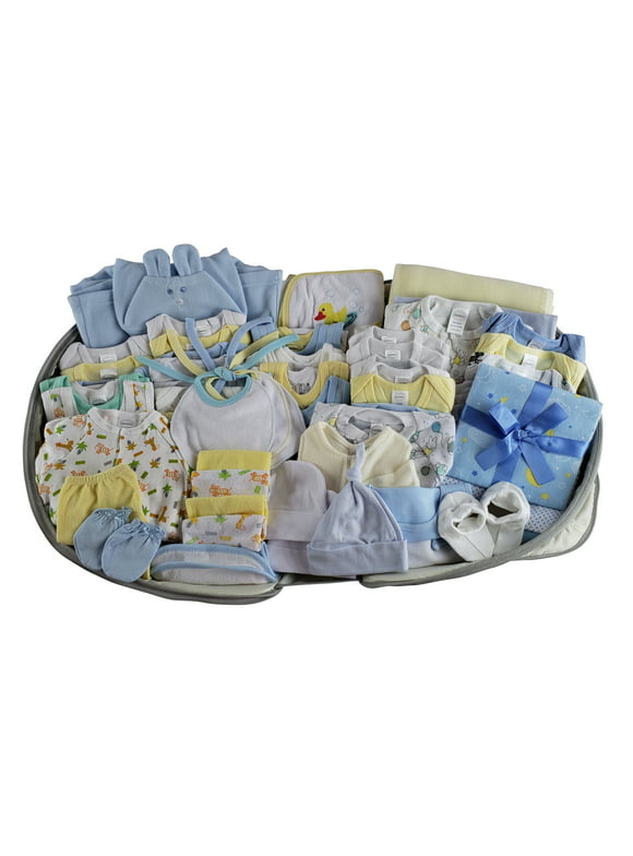 62 pc Baby Boys Clothing Starter Set with All-in-one Portable Bassinet Foldable Baby Bed, Travel Crib Infant and Diaper Bag Changing Station