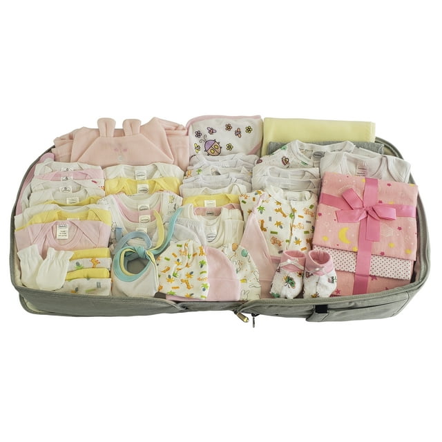 62 pc Baby Girls Clothing Starter Set with All-in-one Portable Bassinet Foldable Baby Bed, Travel Crib Infant and Diaper Bag Changing Station