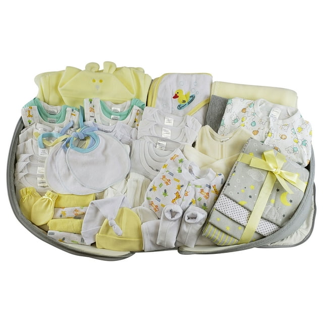 62 pc Unisex Baby Clothing Starter Set with All-in-one Portable Bassinet Foldable Baby Bed, Travel Crib Infant and Diaper Bag Changing Station